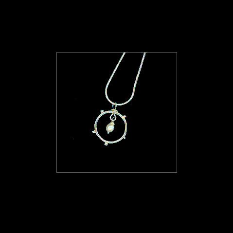 Necklace with a pearl pendant within a circular silver wire