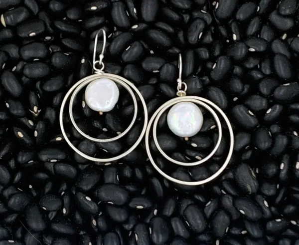 Large 2 ring earrings with coin pearl at top